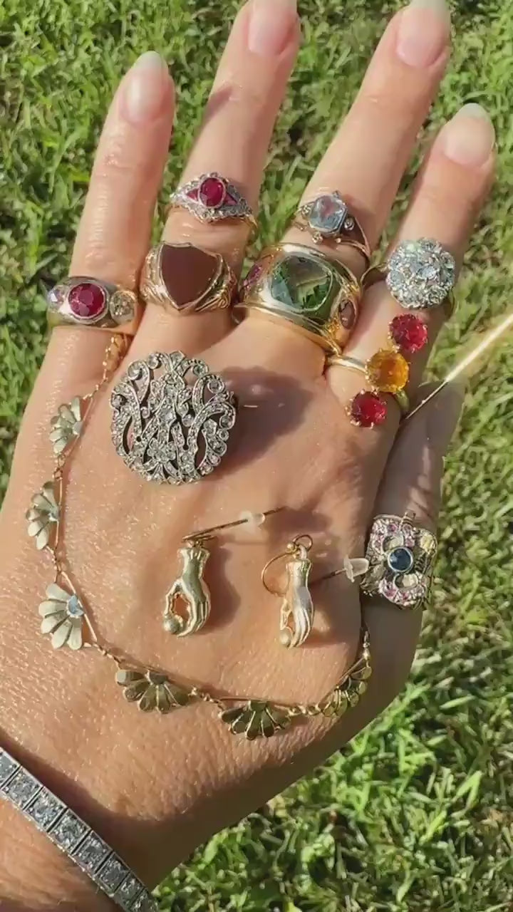 Dated 1924 Old Cut Antique Paste Three Stone Yellow & Red Crown Prong Setting 18k Gold Engraved Colorful Ringstack French Art Deco