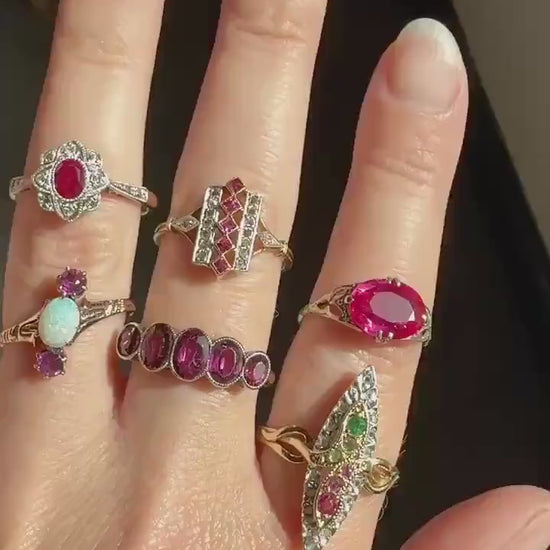 Blue Opal Angled Purple Rhodolite Garnet Antique Three Stone Ring Victorian Ring Ornate Stacker 10k Gold Linear Band Color Romantic Gift