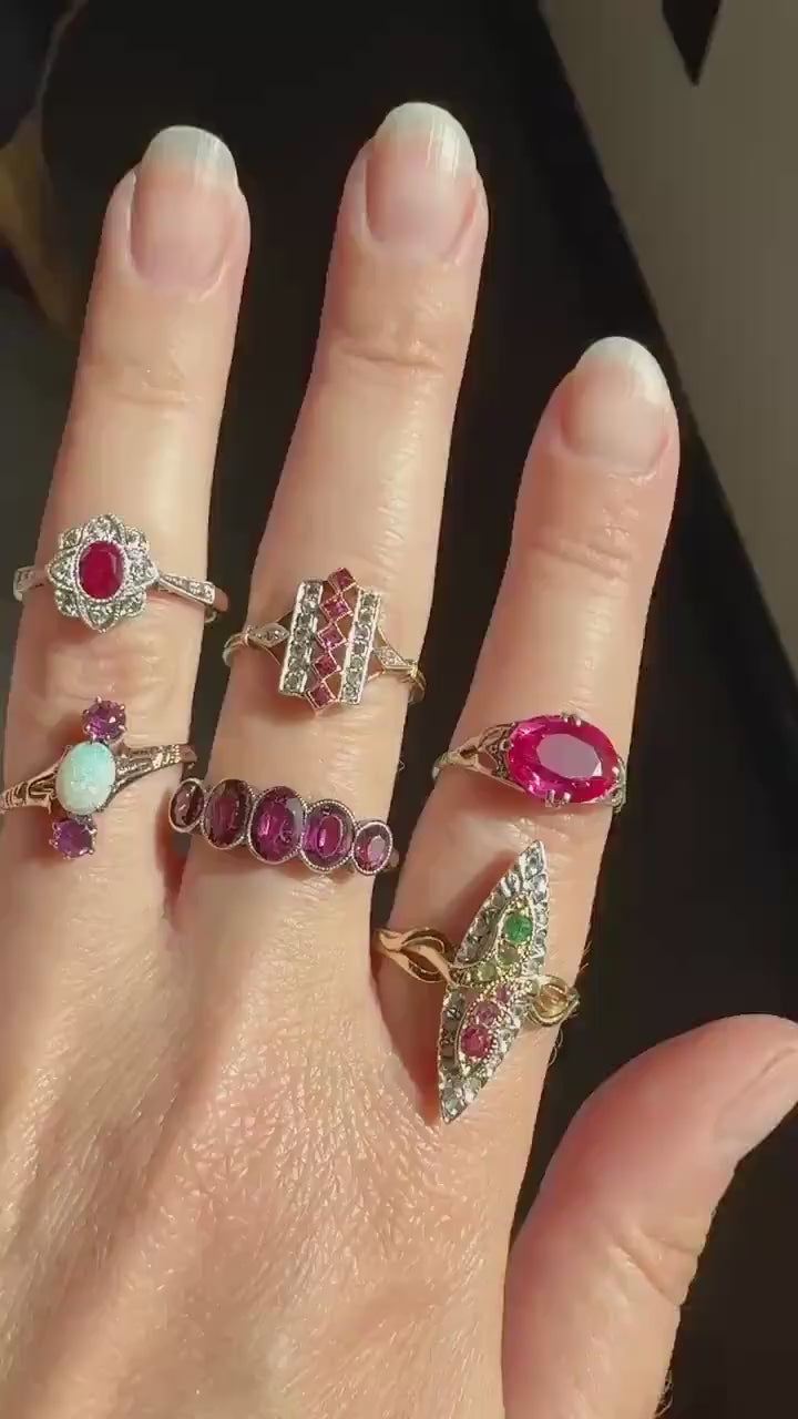 Blue Opal Angled Purple Rhodolite Garnet Antique Three Stone Ring Victorian Ring Ornate Stacker 10k Gold Linear Band Color Romantic Gift