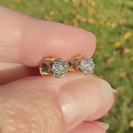 Vintage .7 Ctw Transitional Cut DIAMOND Buttercup Prong Stud Earrings French 18k Gold Platinum Romantic Gift Earstack Minimalist Alpa Back
