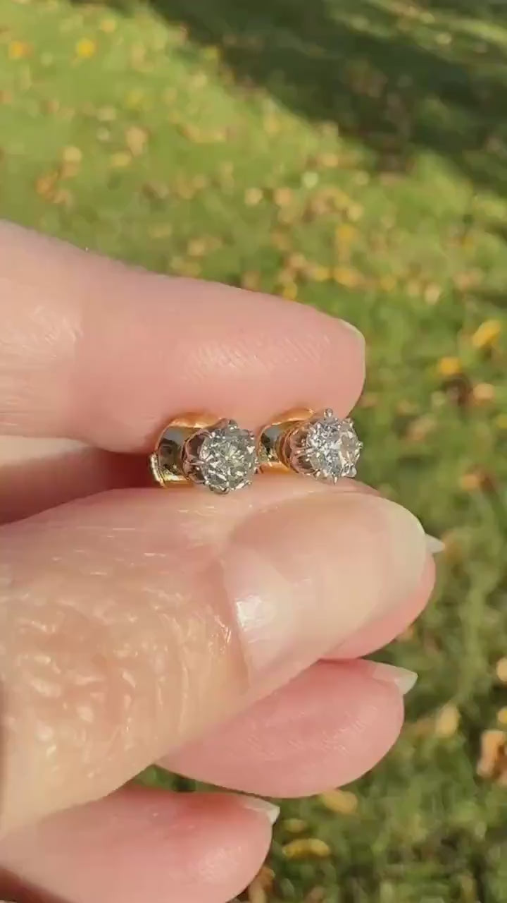 Vintage .7 Ctw Transitional Cut DIAMOND Buttercup Prong Stud Earrings French 18k Gold Platinum Romantic Gift Earstack Minimalist Alpa Back