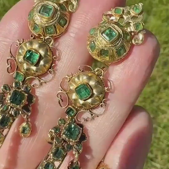 ANTIQUE Iberian 22 Natural Square Cut EMERALD Early 1900s Georgian Revival Crowned Domed Stud Earrings 18k Gold Baroque Style Green Engraved