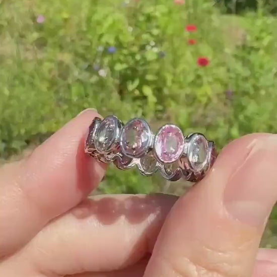 PINK TOURMALINE 5 Carats Natural French Vintage ETERNITY Ring 14k White Gold Wide Band Oval Pale Dusty Rose Light Dark Hue Chunky Stacker