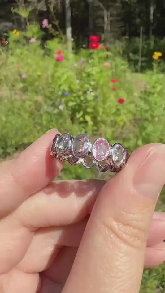 PINK TOURMALINE 5 Carats Natural French Vintage ETERNITY Ring 14k White Gold Wide Band Oval Pale Dusty Rose Light Dark Hue Chunky Stacker