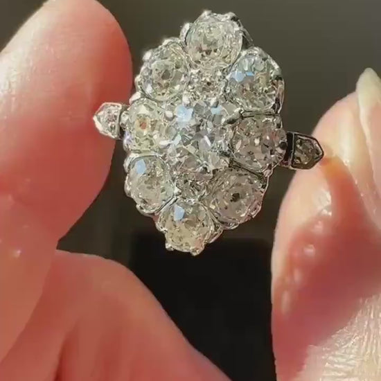 ANTIQUE Two Carats 11 Old Mine Cut DIAMOND Daisy Cluster Ring 18k Rose Gold & PLATiNUM Belle Epoque Romantic Gift OmC Victorian Oval