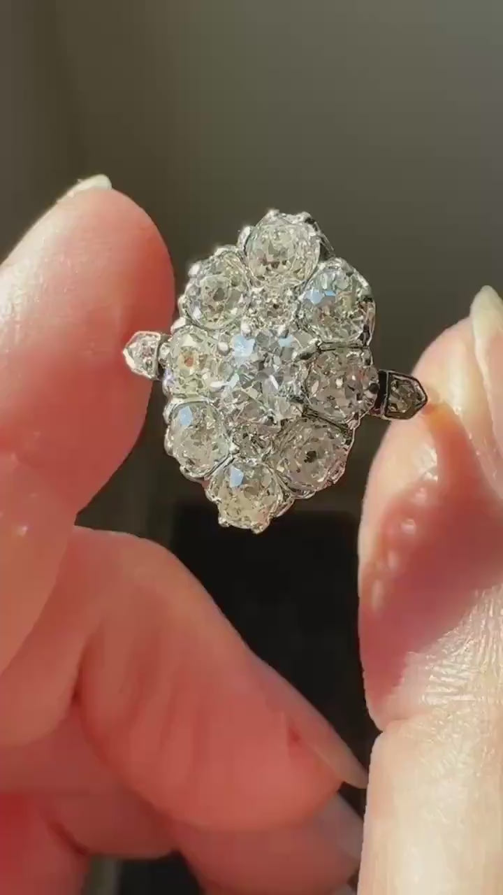 ANTIQUE Two Carats 11 Old Mine Cut DIAMOND Daisy Cluster Ring 18k Rose Gold & PLATiNUM Belle Epoque Romantic Gift OmC Victorian Oval