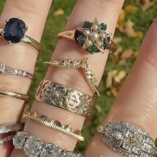 EMERALD & Single Cut DIAMOND Asymmetrical Ring Art Deco Vintage to Antique Natural Green 14k Gold Solid Stacker Band Double Row Angled