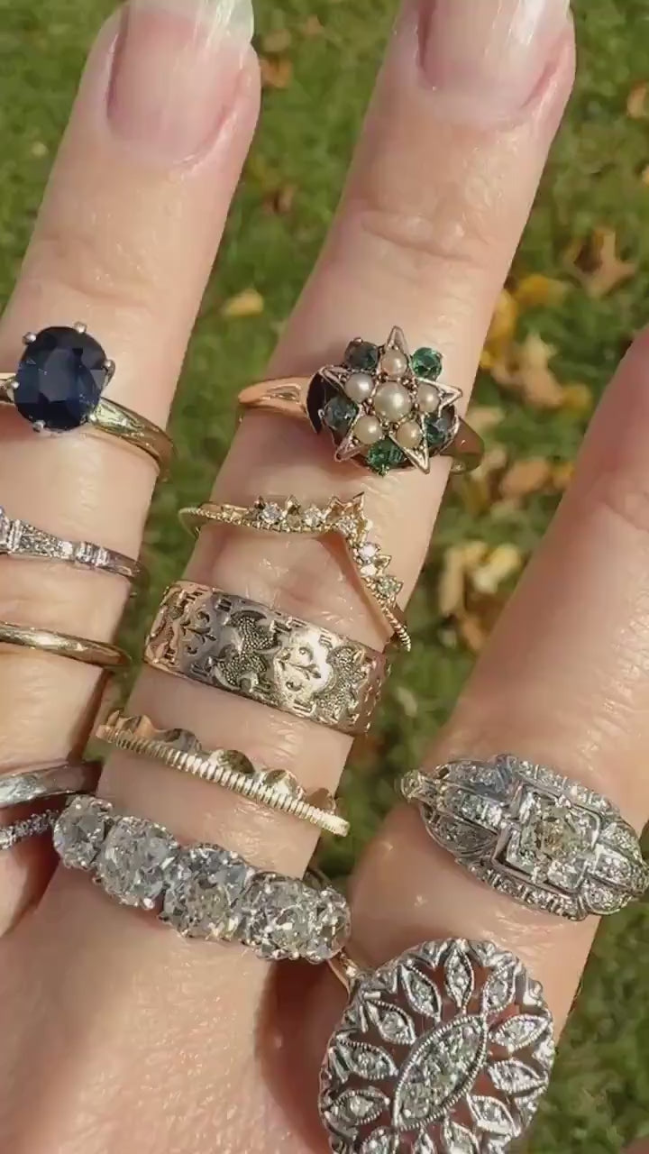 EMERALD & Single Cut DIAMOND Asymmetrical Ring Art Deco Vintage to Antique Natural Green 14k Gold Solid Stacker Band Double Row Angled