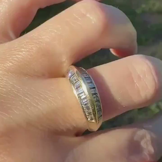 Unique Vintage Baguette Carre Cut Beveled One Carat Diamond Band 18k Gold Stacker Ring Knife Edge Step Cut Geometric