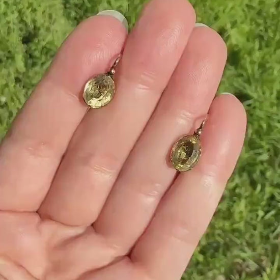 French VICTORIAN Antique Old Cut Oval CITRINE Yellow Domed Collet Set Dormeuse Earrings 18k GOLD Dangle Drop Bridal Gift Golden Warm Autumn