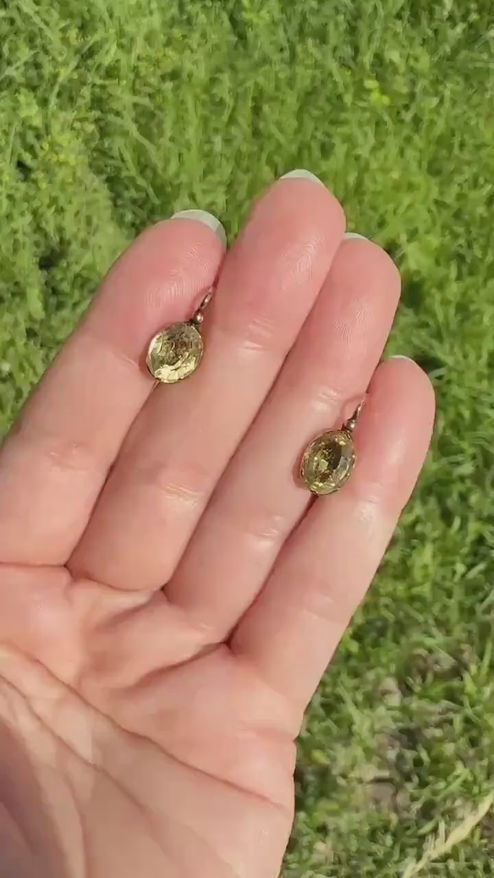 French VICTORIAN Antique Old Cut Oval CITRINE Yellow Domed Collet Set Dormeuse Earrings 18k GOLD Dangle Drop Bridal Gift Golden Warm Autumn