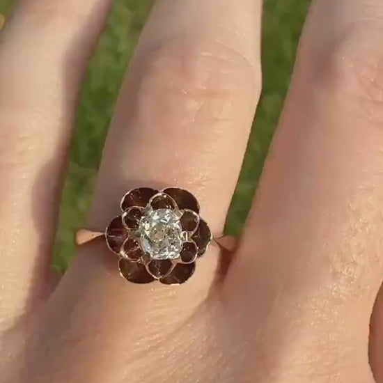 French VICTORIAN 18k Gold Buttercup Ring Old MINE Cut DIAMOND Ring Engagement Solitaire Ornate Antique Stacker Romantic Gift