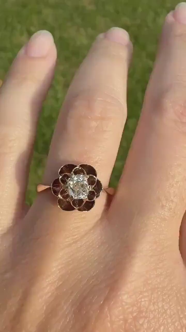 French VICTORIAN 18k Gold Buttercup Ring Old MINE Cut DIAMOND Ring Engagement Solitaire Ornate Antique Stacker Romantic Gift