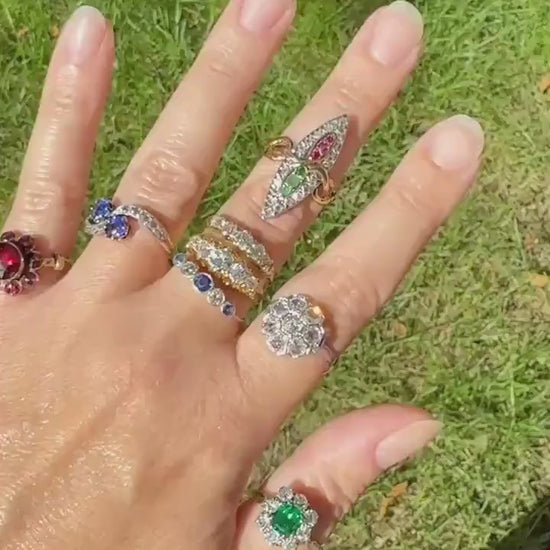 Antique Perpignan GARNET Almandine Cluster Ring French VICTORIAN Era 18k Gold Floral Daisy Glowing Purple Pink Sparkle Bezel Set