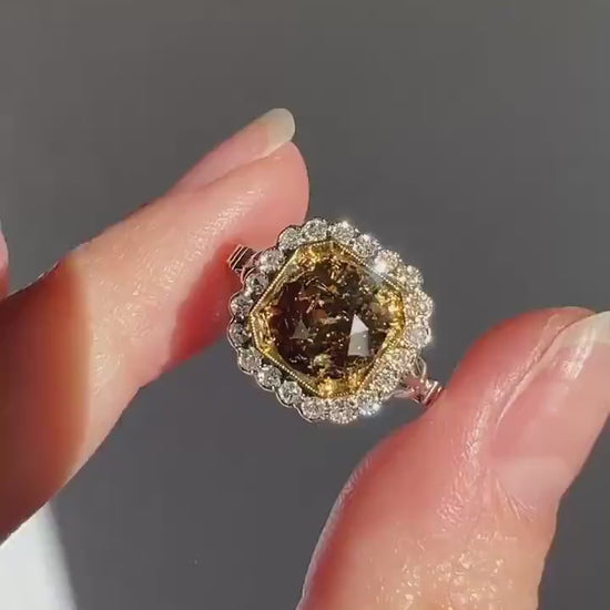 Edwardian 2.3 Carat Tdw Antique Fancy BROWN Yellow Old European Cut DIAMOND Halo Ring Platinum 18k Gold Ornate Stacker Scalloped Cognac OeC