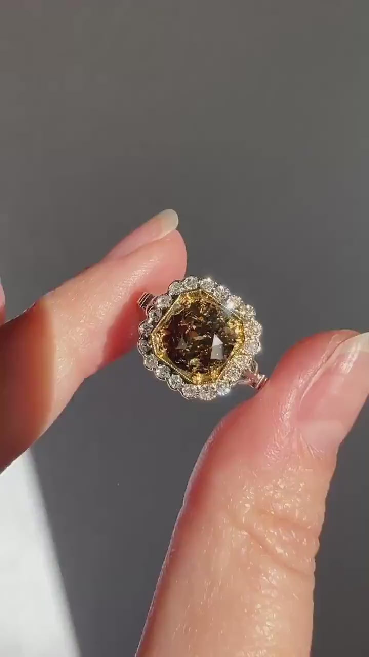 Edwardian 2.3 Carat Tdw Antique Fancy BROWN Yellow Old European Cut DIAMOND Halo Ring Platinum 18k Gold Ornate Stacker Scalloped Cognac OeC