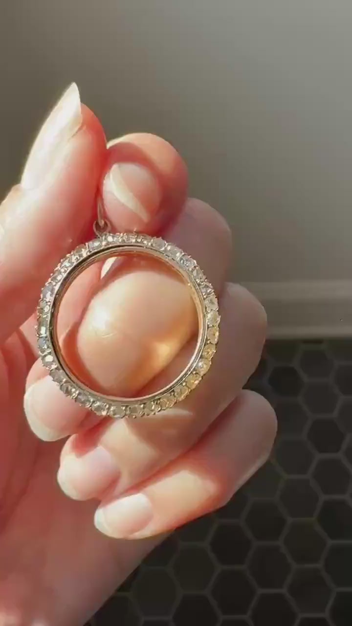 CIRCLE Pendant 32 Rose Cut DIAMOND Encrusted 18k Gold Antique VICTORIAN Figural Halo Frame Round Geometric Old Cut Gift