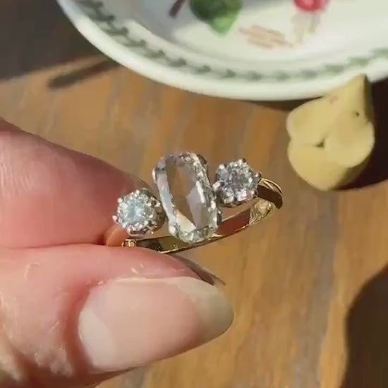 Unique Vintage Elongated Natural VS Portrait Rose Cut Three Stone DIAMOND Ring 18k Gold Solid Cushion Oval Stacker Band