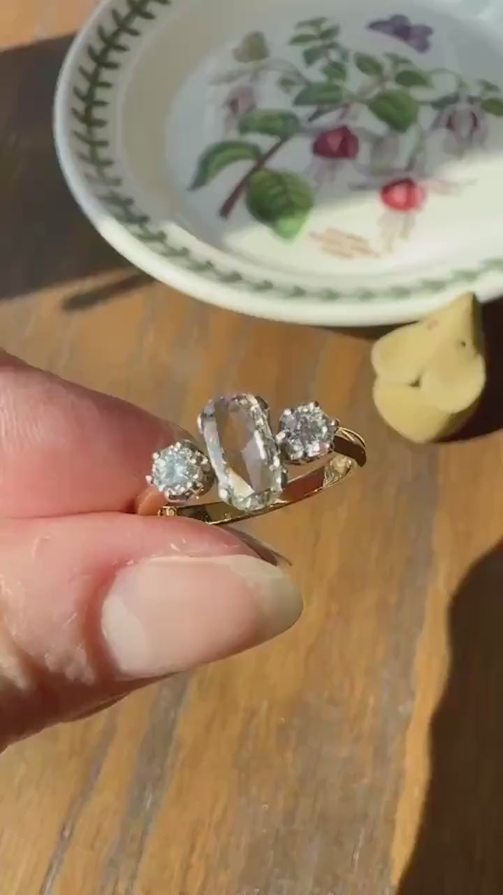 Unique Vintage Elongated Natural VS Portrait Rose Cut Three Stone DIAMOND Ring 18k Gold Solid Cushion Oval Stacker Band