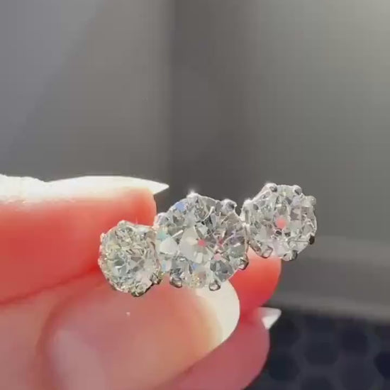 Antique Three Stone 2.3 Carats Old Mine Cut DiAMOND Ring 18k GOLD Platinum Chunky Tall Stacker Stackable Band 2.3Ctw OMC