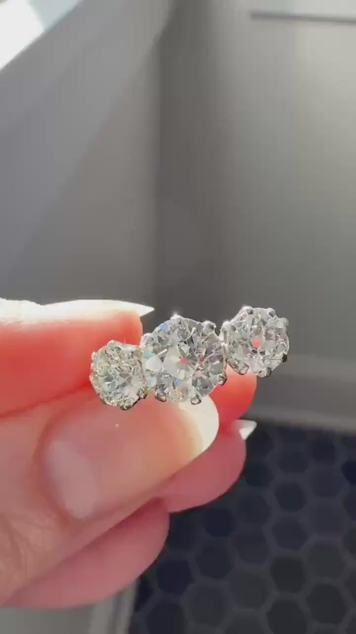 Antique Three Stone 2.3 Carats Old Mine Cut DiAMOND Ring 18k GOLD Platinum Chunky Tall Stacker Stackable Band 2.3Ctw OMC