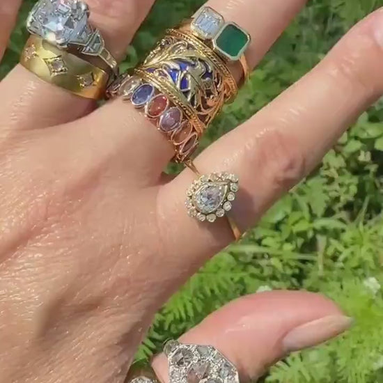Antique Rose Cut DIAMOND Brushed Matte Finish 18k Gold Three Stone Ring Tapered Gypsy Cigar Band Geometric Stacker Pinky