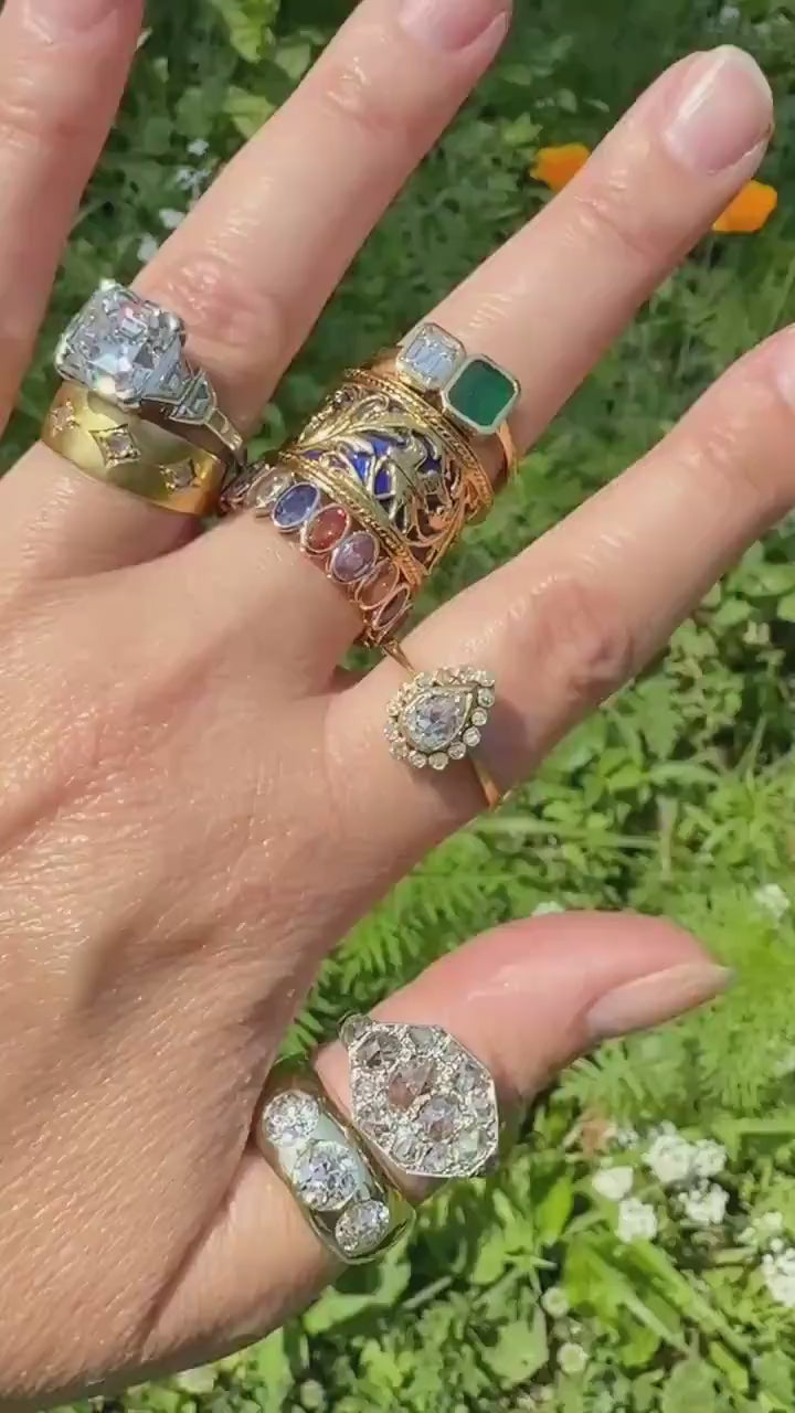 Antique Rose Cut DIAMOND Brushed Matte Finish 18k Gold Three Stone Ring Tapered Gypsy Cigar Band Geometric Stacker Pinky
