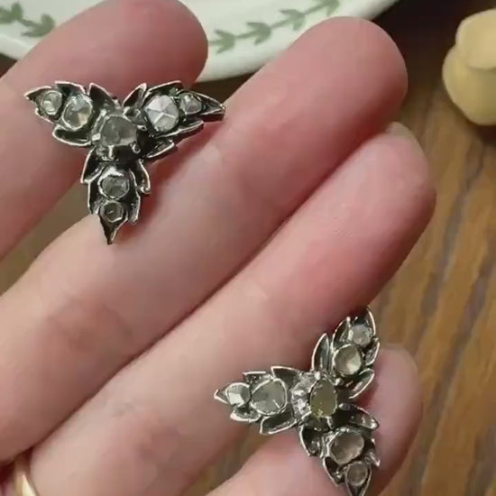 LEAF Georgian ANTIQUE Figural STUD Earrings Rose Cut Diamonds 18k Gold Silver Top Large Scale Spready Sparkle