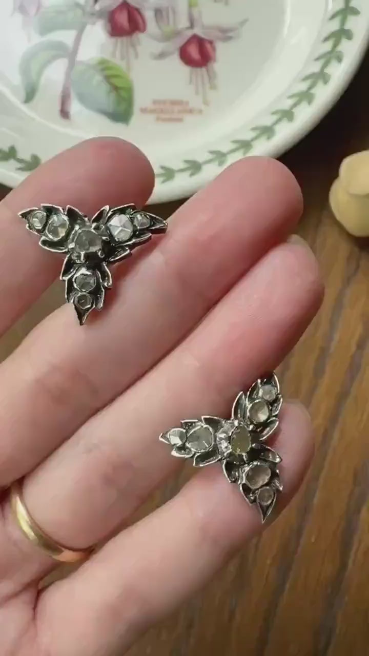 LEAF Georgian ANTIQUE Figural STUD Earrings Rose Cut Diamonds 18k Gold Silver Top Large Scale Spready Sparkle