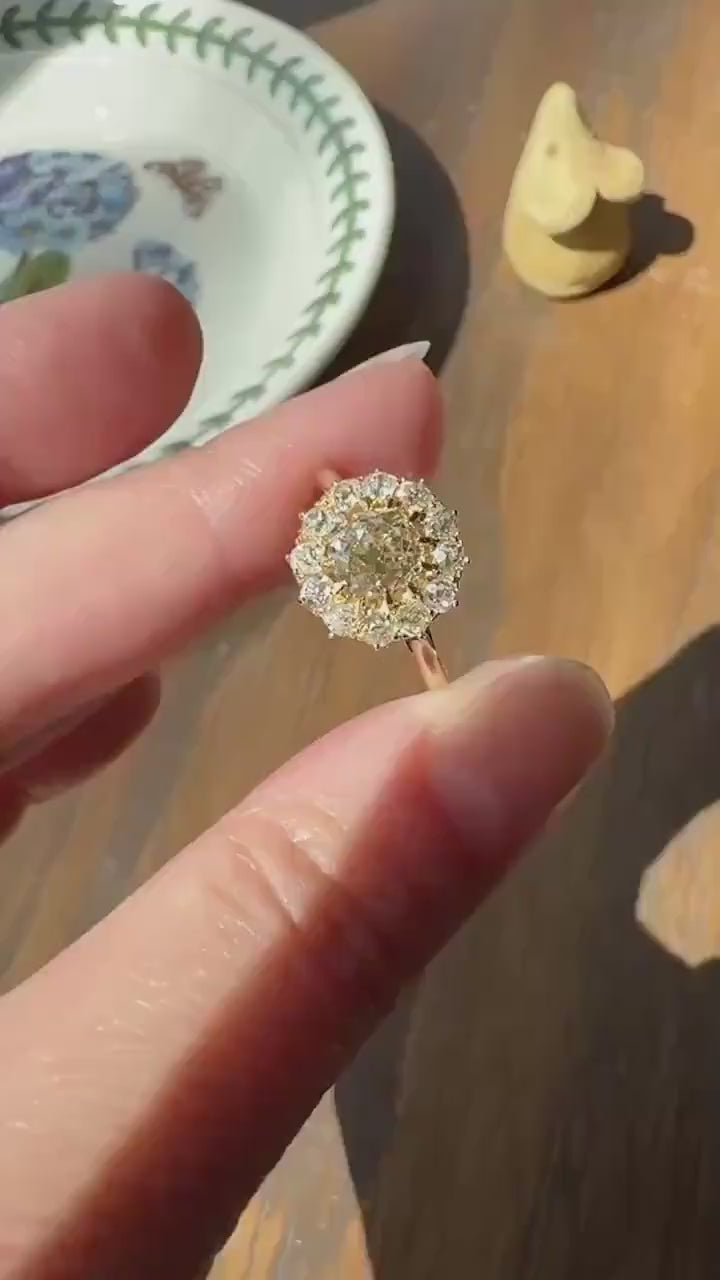 ANTIQUE Eye Clean 1.5 Carat Tdw Champagne Old Mine Cut Diamond Colorless OMC Halo Cluster Ring Victorian Two Tone 1.5Ctw Light Yellow Brown