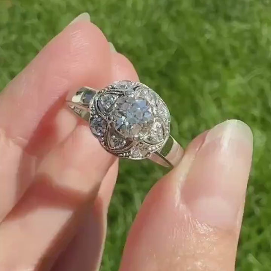 Vintage 1 Carat Tdw Antique Old European Cut Diamonds 18k White Gold Ring Scandinavian Domed Ornate Cluster Ring Art Deco Edwardian Style