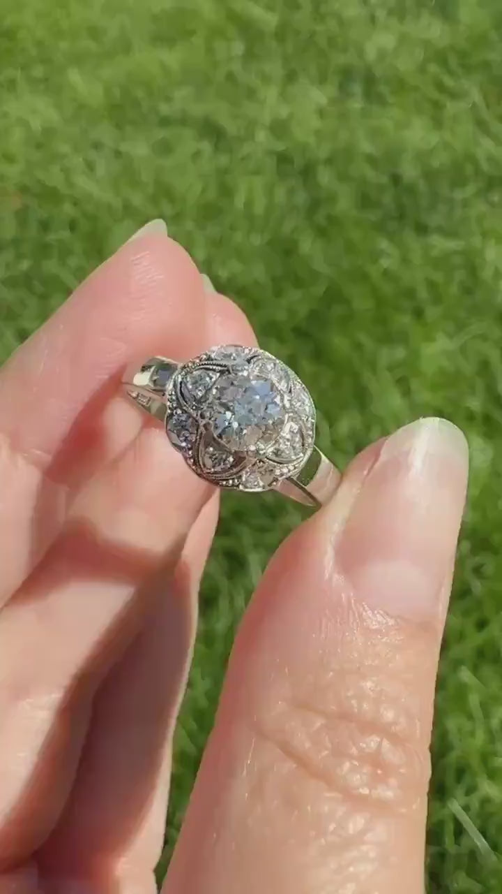 Vintage 1 Carat Tdw Antique Old European Cut Diamonds 18k White Gold Ring Scandinavian Domed Ornate Cluster Ring Art Deco Edwardian Style