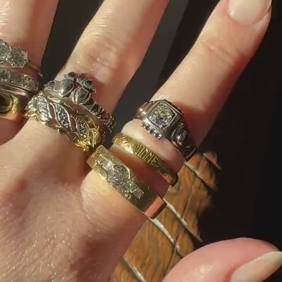 Swirling Art Deco ANTIQUE Two Tone 14k Gold Ring Eternity Wide Band Wedding Chunky Stacker Illusion Chiseled Rivet Cigar