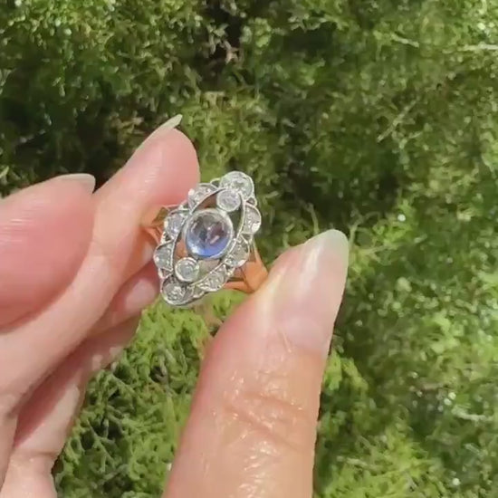 Glowing Blue Sugarloaf Sapphire Old Mine Cut DIAMOND Halo Scalloped French Antique 18k Gold Oval Marquise Navette Antique Ring Stacker OMC