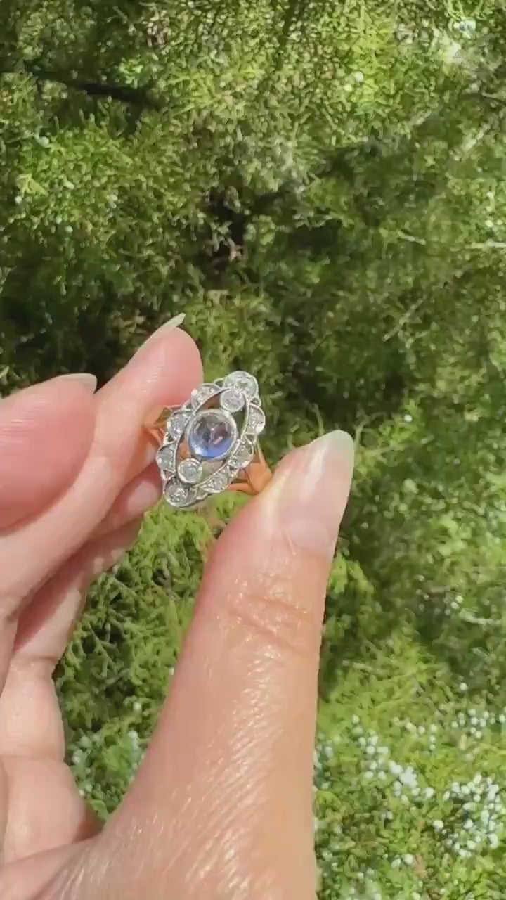 Glowing Blue Sugarloaf Sapphire Old Mine Cut DIAMOND Halo Scalloped French Antique 18k Gold Oval Marquise Navette Antique Ring Stacker OMC