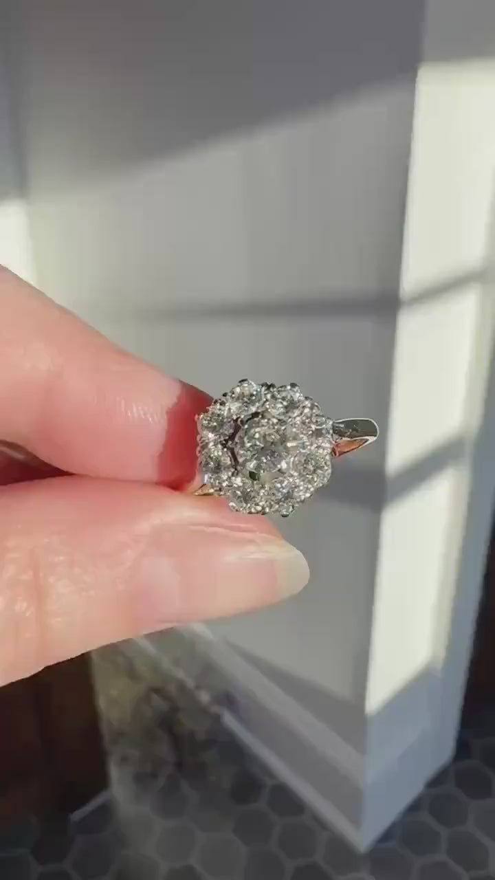 Vintage Older Brilliant Cut 1.45 Carat Tdw Natural DIAMOND Cluster Ring 18k Gold & Platinum Band Fiery Stacker Nine Stone 1.45ctw