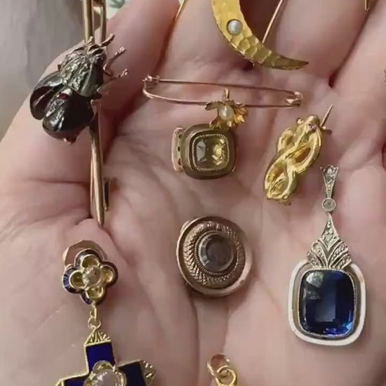 Buff Top SAPPHIRE Antique Edwardian 18k Gold Rose Cut Diamond Pendant White Enamel Halo Something Blue Gift Bridal Drop Dangle