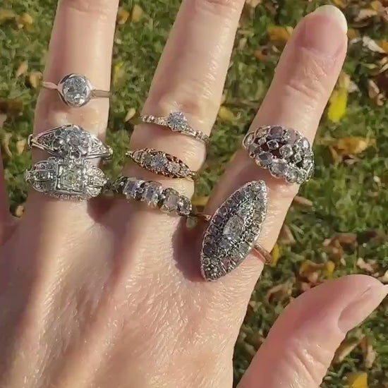 FLEUR De LIS Figural Antique Ring Rose Cut DIAMOND Solitaire Ring 18k Gold Solid East West Silver Collet Oval French Victorian Stacker Band