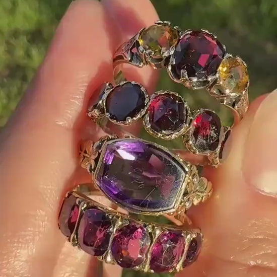 Rare Georgian Era Scottish Antique 14k Gold Three Stone Ring Garnet Citrine Red Yellow 360 Engraved Shank Inverness Known Maker Tulips
