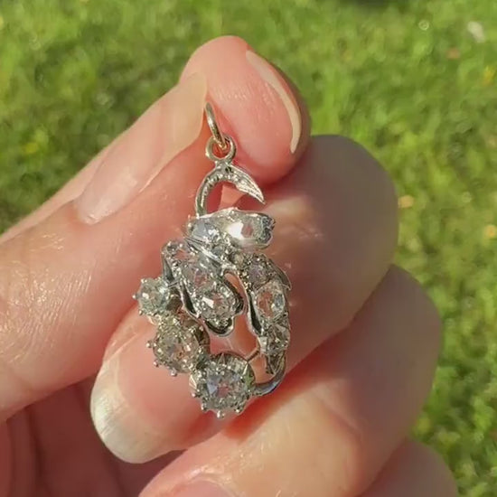 Floral Antique 1.75 Carats Chunky Natural Old Mine Cut DIAMOND 18k Gold Silver French Cluster Pendant Leaf Giardinetti Peruzzi Elongated