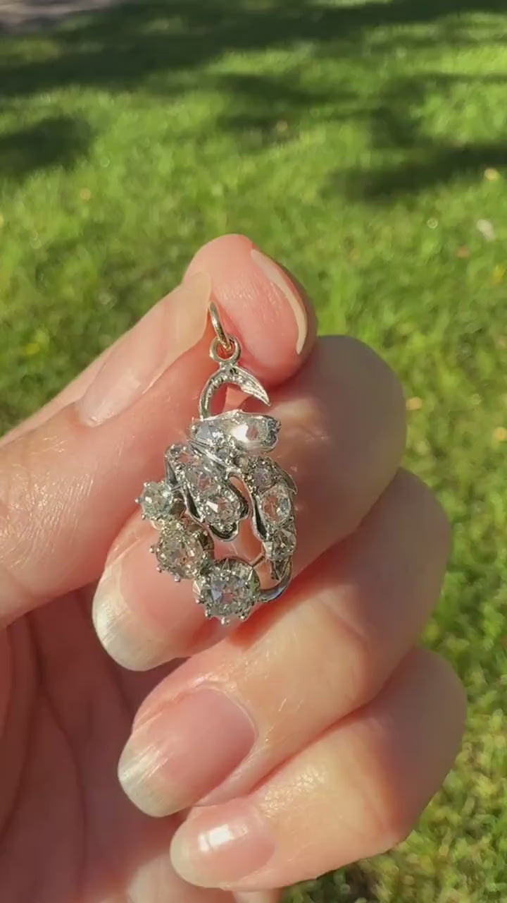 Floral Antique 1.75 Carats Chunky Natural Old Mine Cut DIAMOND 18k Gold Silver French Cluster Pendant Leaf Giardinetti Peruzzi Elongated