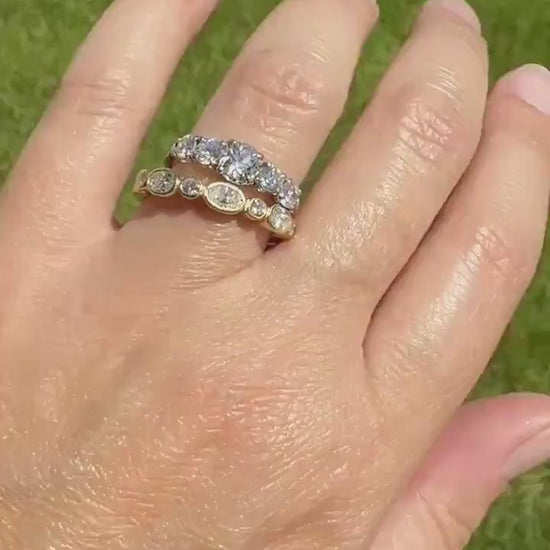 Vintage Seven Stone Oval and Round DIAMOND East West Skinny Band 18k Gold Ring Minimalist Stacker Half Hoop