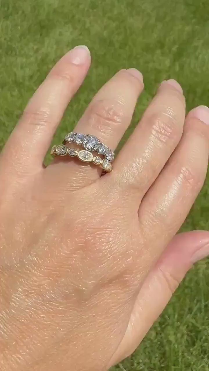 Vintage Seven Stone Oval and Round DIAMOND East West Skinny Band 18k Gold Ring Minimalist Stacker Half Hoop