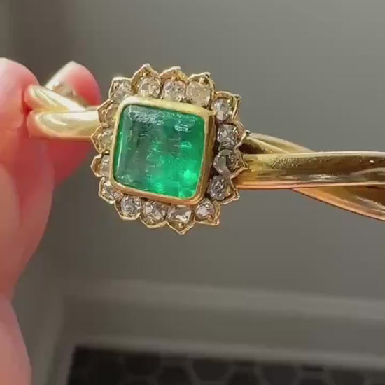 Antique Green Natural EMERALD Old Mine Cut Diamond Halo Hinged Bangle Bracelet 14k Solid Gold Rosy & YG Glowing Victorian Edwardian Twist