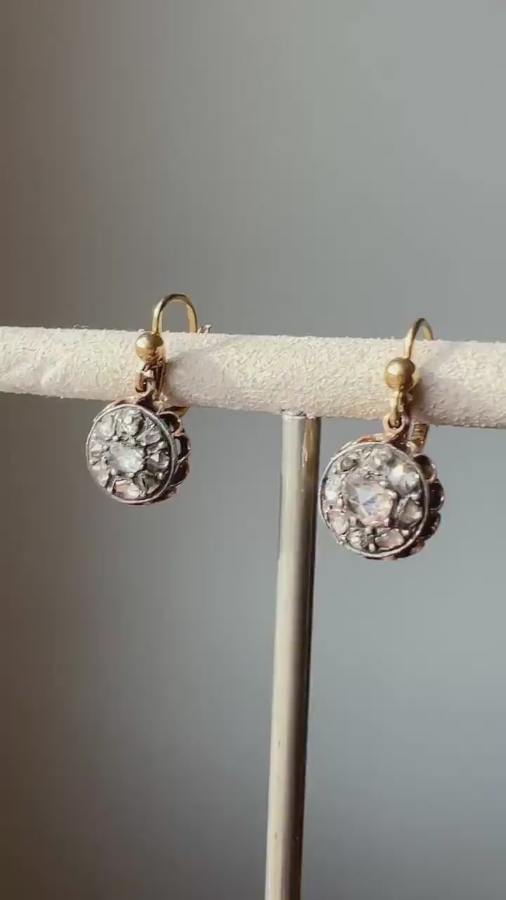 Antique 1.25 Carat Old Mine Triangular Rose Cut DIAMOND Cluster Dangle Drop EARRINGs French Dormeuse Bridal Gift Something Old Georgian OmC