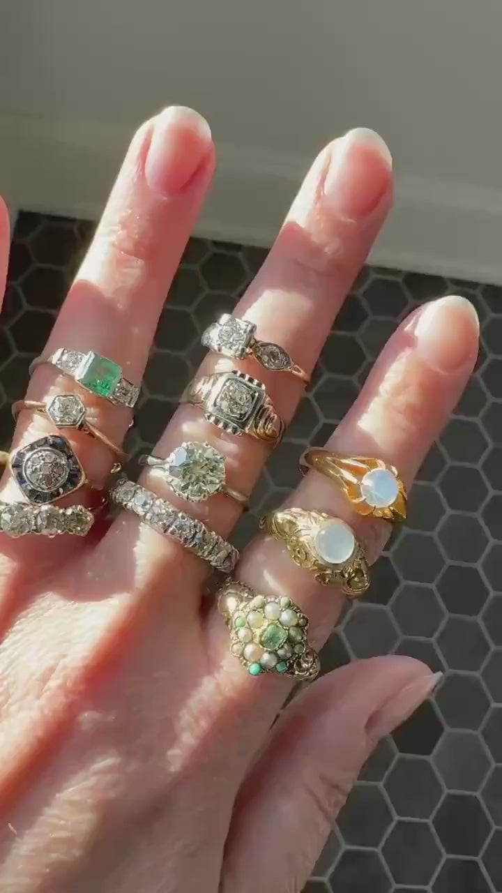 EMERALD Pearl Turquoise Georgian 10k Gold Ring Green White Floral Bouquet Embossed Shoulders Ornate Stacker Cluster