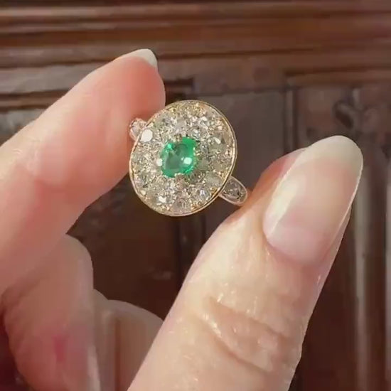Antique Oval Pave Panel Ring Green Natural Emerald 1.25 Carat Old Mine Cut Diamonds Cluster 18k Gold French Ornate Texture