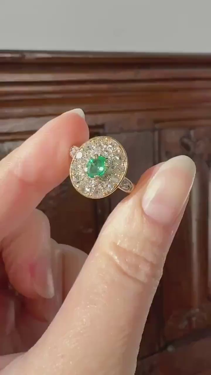 Antique Oval Pave Panel Ring Green Natural Emerald 1.25 Carat Old Mine Cut Diamonds Cluster 18k Gold French Ornate Texture