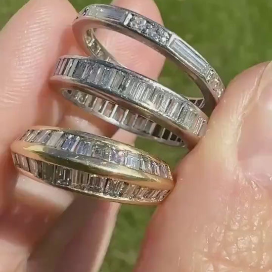 Antique Art Deco 1 Carat PLATINUM Natural Baguette and Old Single Cut Diamond Eternity Ring Skinny Stacker Beveled Channel Set Wedding Band