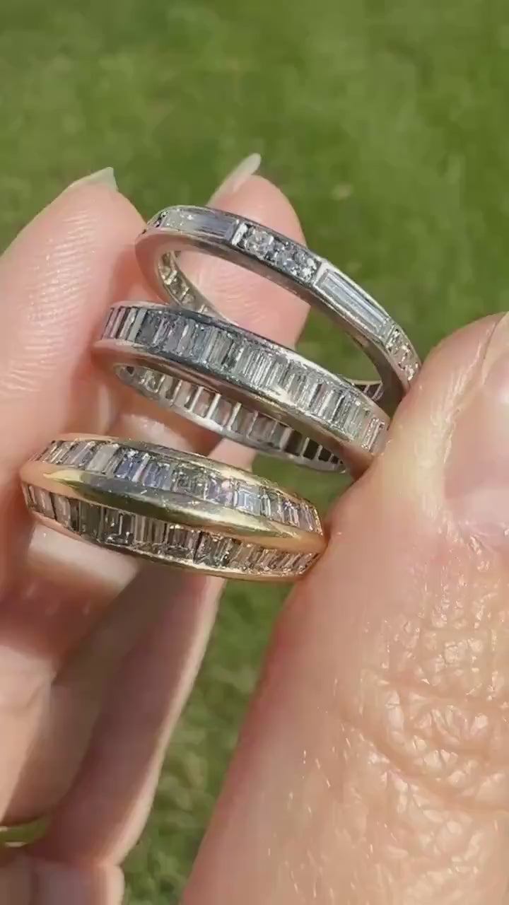 Antique Art Deco 1 Carat PLATINUM Natural Baguette and Old Single Cut Diamond Eternity Ring Skinny Stacker Beveled Channel Set Wedding Band
